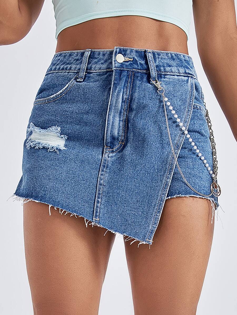 SHEIN EZwear Quần short denim nữ Bất đối xứng Nút Chuỗi Túi Hem thô Dây kéo màu trơn - Rửa trung bình - Xem 1