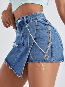 SHEIN EZwear Quần short denim nữ Bất đối xứng Nút Chuỗi Túi Hem thô Dây kéo màu trơn - Rửa trung bình - Xem 4