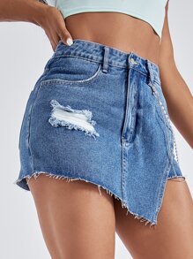SHEIN EZwear Quần short denim nữ Bất đối xứng Nút Chuỗi Túi Hem thô Dây kéo màu trơn - Rửa trung bình - Xem 5