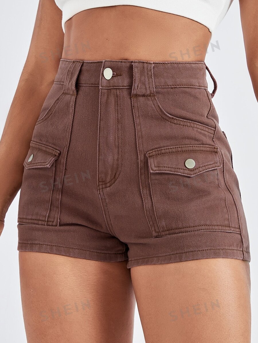 SHEIN EZwear High Waist Flap Pocket Denim Shorts SHEIN USA