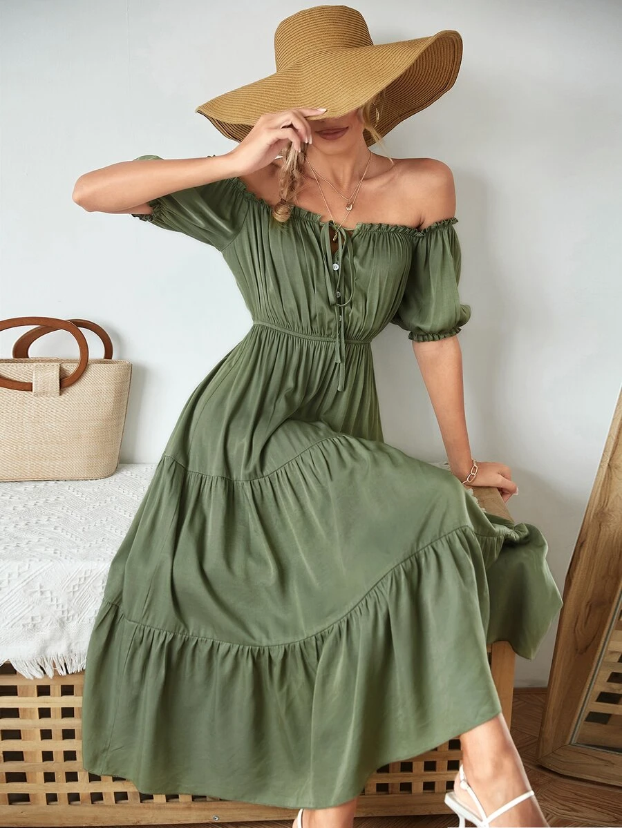 一字肩前繫帶褶邊荷葉邊連衣裙 - 軍綠色 - 查看 1