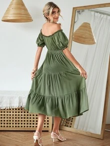 一字肩前繫帶褶邊荷葉邊連衣裙 - 軍綠色 - 查看 2