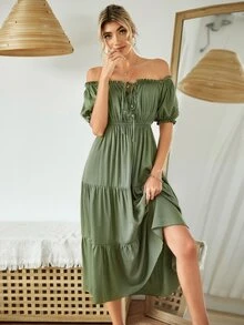 一字肩前繫帶褶邊荷葉邊連衣裙 - 軍綠色 - 查看 3
