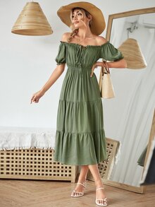一字肩前繫帶褶邊荷葉邊連衣裙 - 軍綠色 - 查看 5