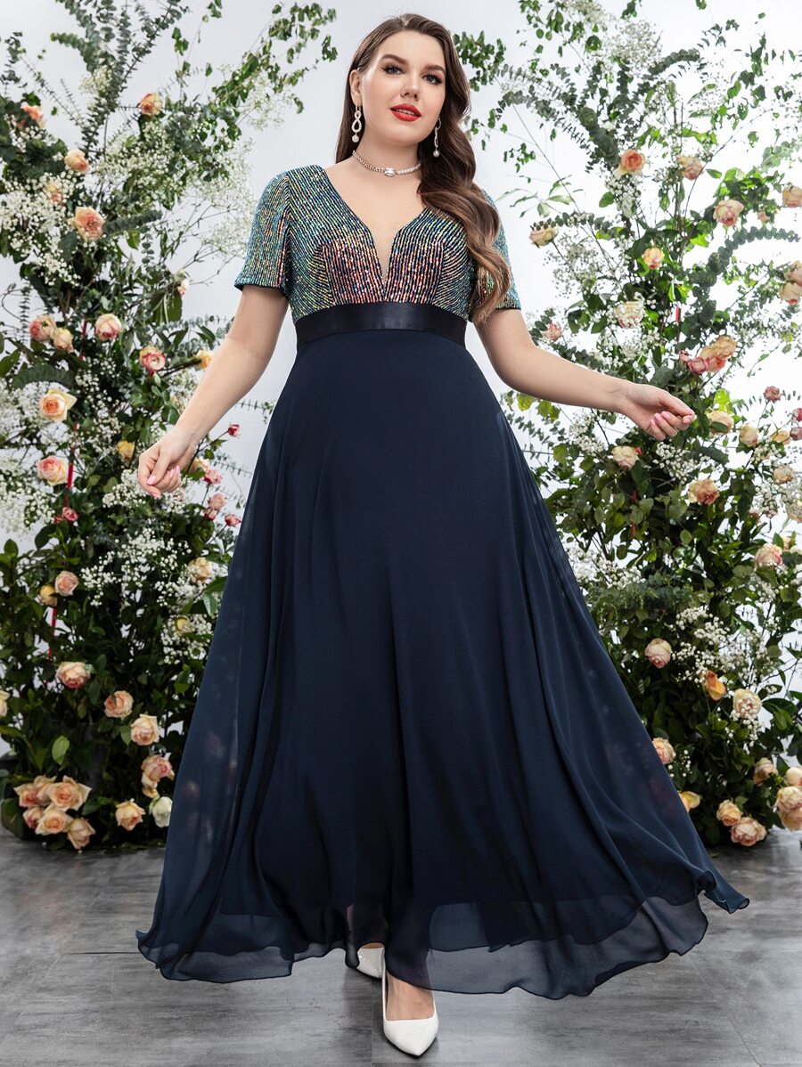 SHEIN Belle Plus Sequin Insert Plunging Neck Chiffon Prom Dress - Navy Blue - View 1