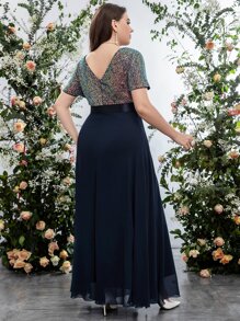 SHEIN Belle Plus Sequin Insert Plunging Neck Chiffon Prom Dress - Navy Blue - View 2