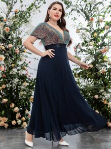 SHEIN Belle Plus Sequin Insert Plunging Neck Chiffon Prom Dress - Navy Blue - View 3