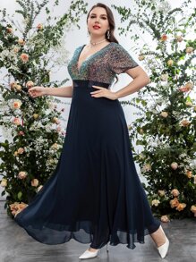SHEIN Belle Plus Sequin Insert Plunging Neck Chiffon Prom Dress - Navy Blue - View 7