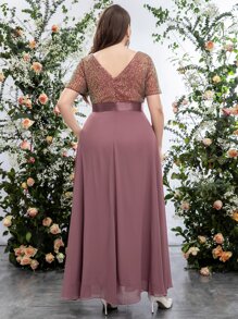 SHEIN Belle Plus Sequin Insert Plunge Neck Chiffon Prom Dress - Redwood - View 2