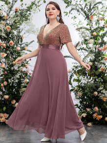 SHEIN Belle Plus Sequin Insert Plunge Neck Chiffon Prom Dress - Redwood - View 4