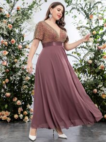 SHEIN Belle Plus Sequin Insert Plunge Neck Chiffon Prom Dress - Redwood - View 5