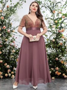 SHEIN Belle Plus Sequin Insert Plunge Neck Chiffon Prom Dress - Redwood - View 6