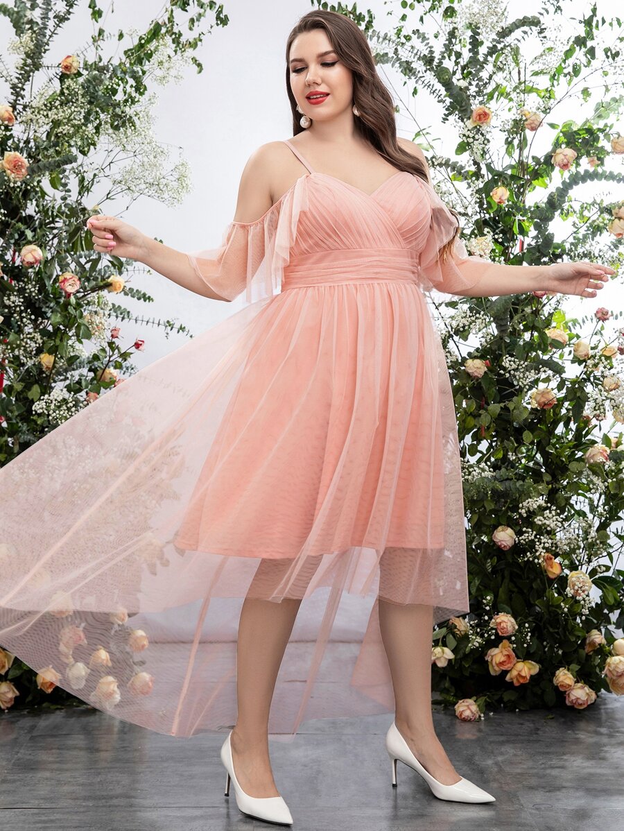 SHEIN Belle Plus Cold Shoulder High Low Hem Mesh Bridesmaid Dress - Baby Pink - View 1