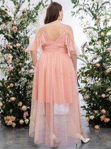 SHEIN Belle Plus Cold Shoulder High Low Hem Mesh Bridesmaid Dress - Baby Pink - View 2