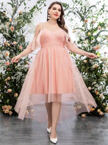 SHEIN Belle Plus Cold Shoulder High Low Hem Mesh Bridesmaid Dress - Baby Pink - View 3