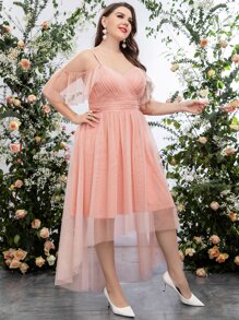 SHEIN Belle Plus Cold Shoulder High Low Hem Mesh Bridesmaid Dress - Baby Pink - View 5