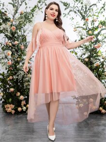 SHEIN Belle Plus Cold Shoulder High Low Hem Mesh Bridesmaid Dress - Baby Pink - View 6