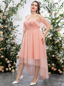 SHEIN Belle Plus Cold Shoulder High Low Hem Mesh Bridesmaid Dress - Baby Pink - View 7