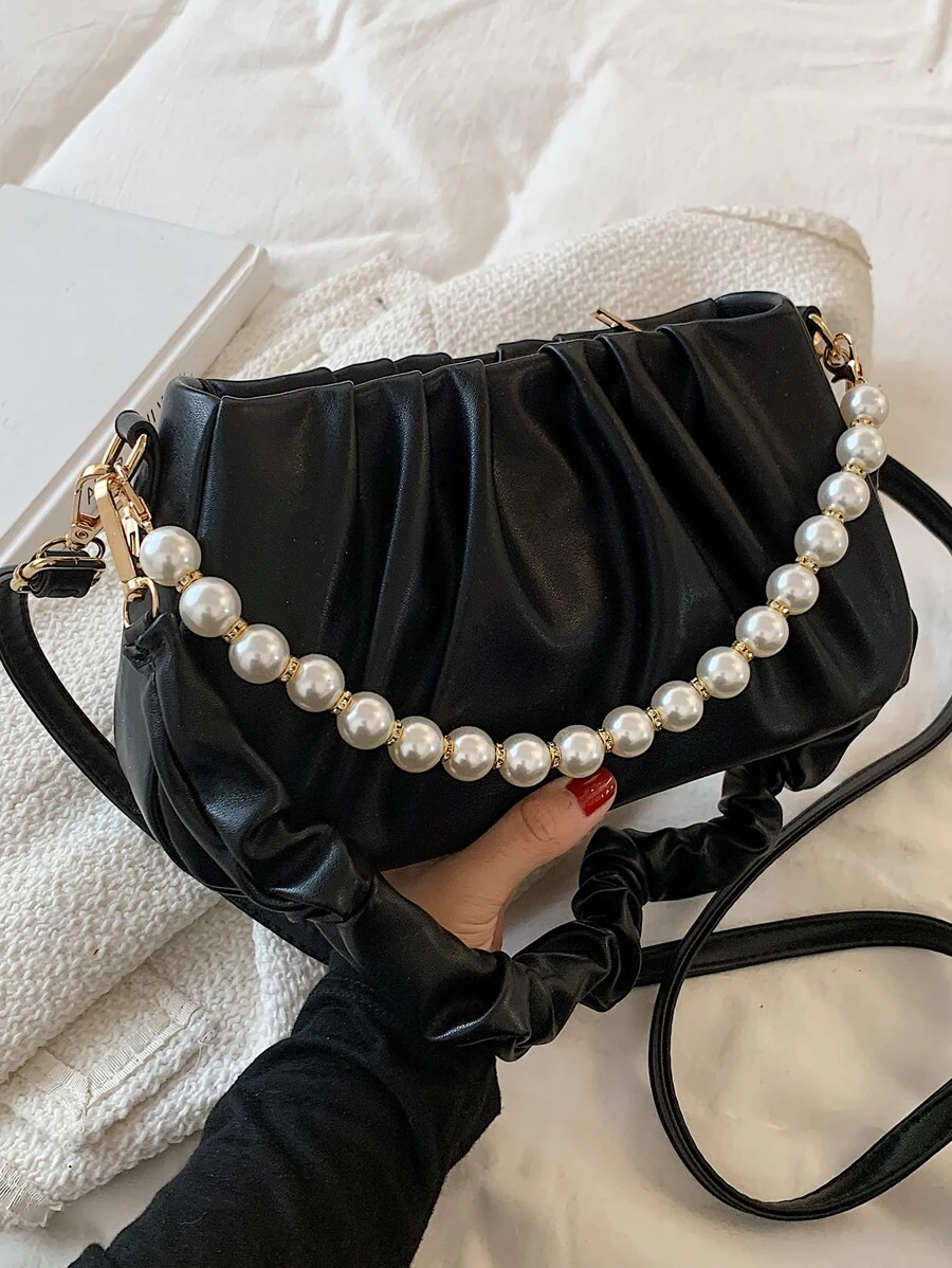 Bolso con decoración de perlas falsas fruncido, bolso de perlas falsas - Negro - Ver 1