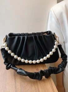 Bolso con decoración de perlas falsas fruncido, bolso de perlas falsas - Negro - Ver 5
