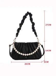 Bolso con decoración de perlas falsas fruncido, bolso de perlas falsas - Negro - Ver 3