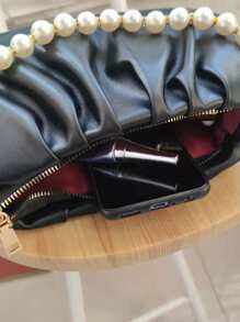 Bolso con decoración de perlas falsas fruncido, bolso de perlas falsas - Negro - Ver 4