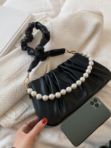 Bolso con decoración de perlas falsas fruncido, bolso de perlas falsas - Negro - Ver 6