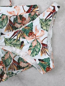 Tropical Print Halter Bikini With Beach Shorts - Multicolor - View 4