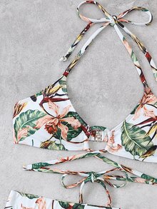 Tropical Print Halter Bikini With Beach Shorts - Multicolor - View 5