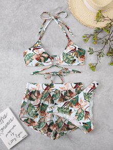 Tropical Print Halter Bikini With Beach Shorts - Multicolor - View 6