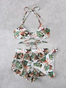 Tropical Print Halter Bikini With Beach Shorts - Multicolor - View 7