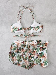 Tropical Print Halter Bikini With Beach Shorts - Multicolor - View 8