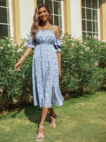 Allover Floral Print Off Shoulder Split Thigh Dress - Blue and White - View 5