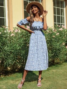 Allover Floral Print Off Shoulder Split Thigh Dress - Blue and White - View 3
