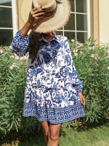 印花褶邊娃娃裙 - 藍白色 - 查看 1