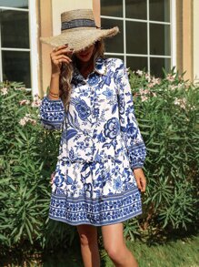 印花褶邊娃娃裙 - 藍白色 - 查看 4