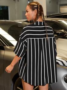 SHEIN EZwear Slogan Graphic Striped Blouse - Black - View 4