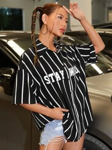 SHEIN EZwear Slogan Graphic Striped Blouse - Black - View 2