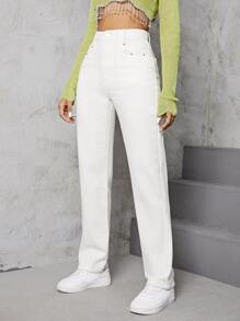 SHEIN EZwear Pantalones rectos con cuenta de perla - Blanco - Ver 3