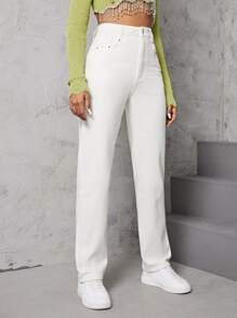 SHEIN EZwear Pantalones rectos con cuenta de perla - Blanco - Ver 4