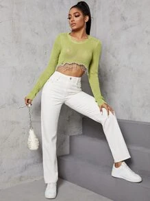 SHEIN EZwear Pantalones rectos con cuenta de perla - Blanco - Ver 6
