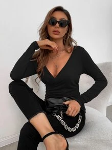 AAmilife Camiseta de cuello profundo fruncido lateral - Negro - Ver 1