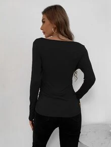 AAmilife Camiseta de cuello profundo fruncido lateral - Negro - Ver 2