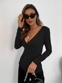 AAmilife Camiseta de cuello profundo fruncido lateral - Negro - Ver 4