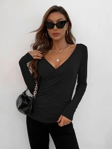 AAmilife Camiseta de cuello profundo fruncido lateral - Negro - Ver 7