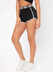 SHEIN PETITE Letter Tape Contrast Binding Shorts - Black - View 4