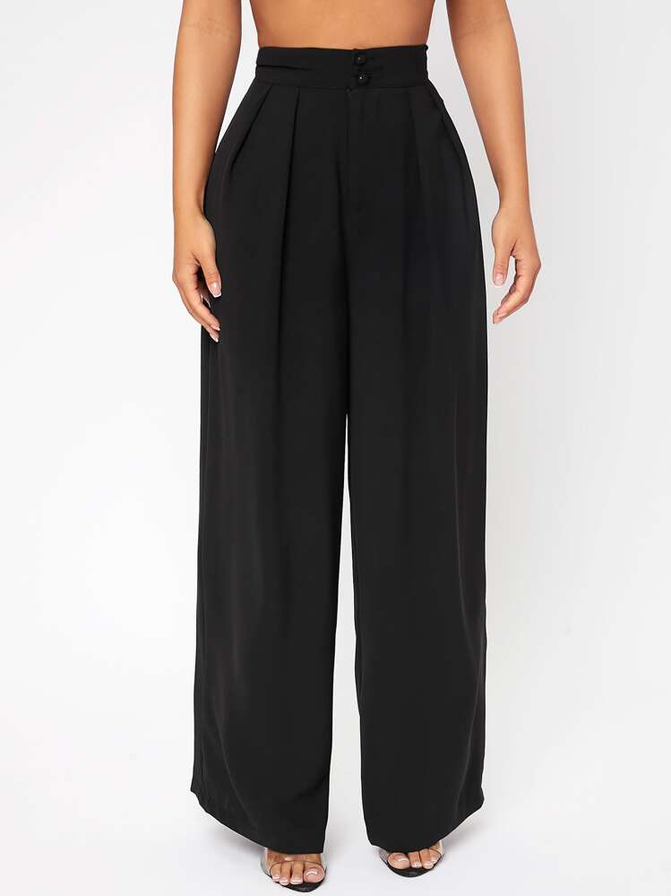 SHEIN PETITE Calça Pantalona Preta de Cintura Alta com Pregas - Preto - Visão 1