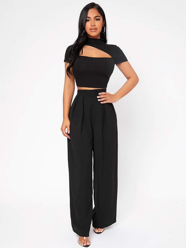 SHEIN PETITE Calça Pantalona Preta de Cintura Alta com Pregas - Preto - Visão 4
