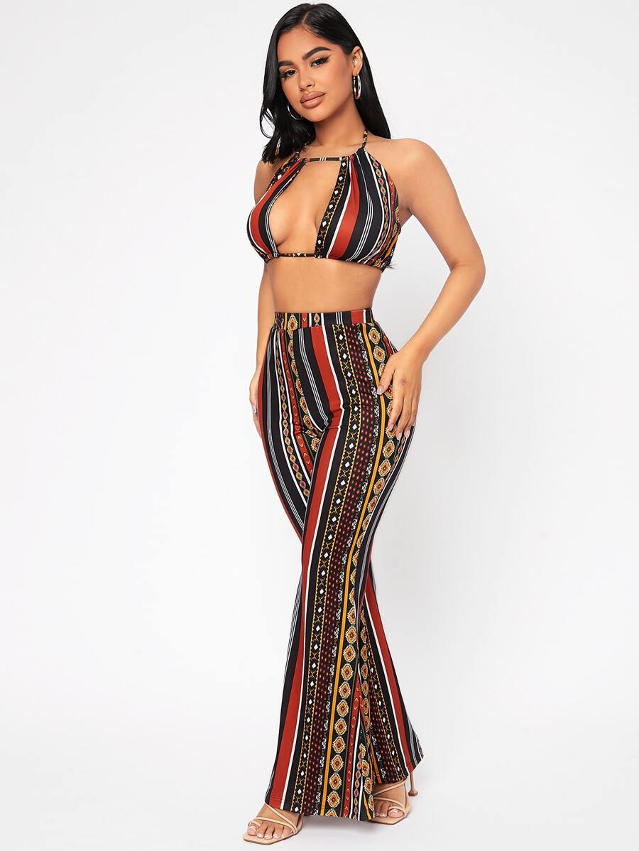 SHEIN PETITE Bộ đồ hai mảnh nữ Lộ Lưng Cắt ra Buộc lại Sọc Boho - Nhiều màu - Xem 1