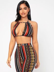 SHEIN PETITE Bộ đồ hai mảnh nữ Lộ Lưng Cắt ra Buộc lại Sọc Boho - Nhiều màu - Xem 3